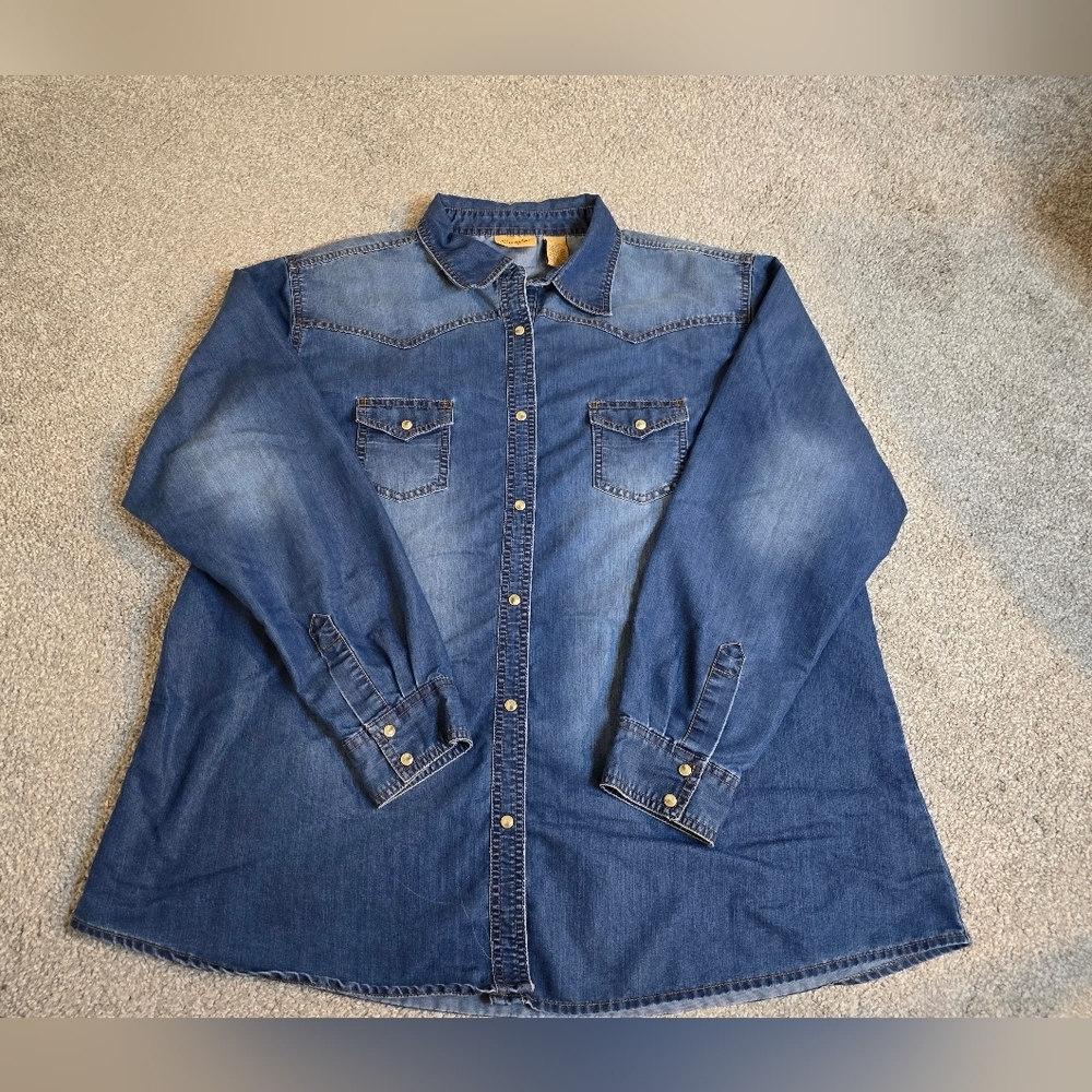 Wrangler Button-down Denim Top Pearl Buttons Western Rodeo Countryside C…